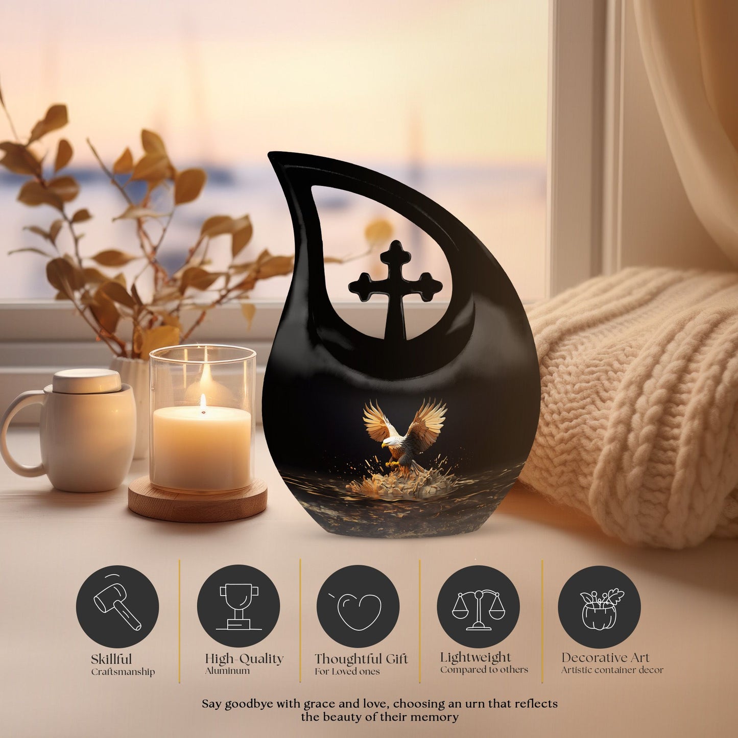 10-inch eagle theme Cross Drop urn for human ashes 