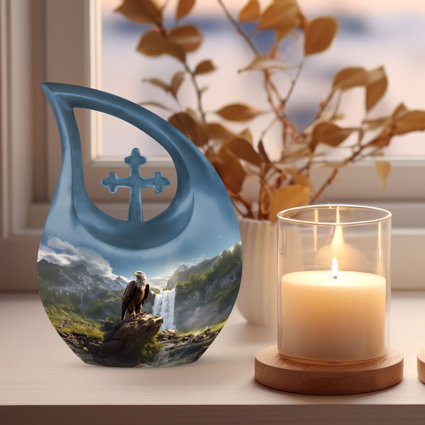 10-inch Eagle Themed Cross Drop Companion Cremation Urn, 