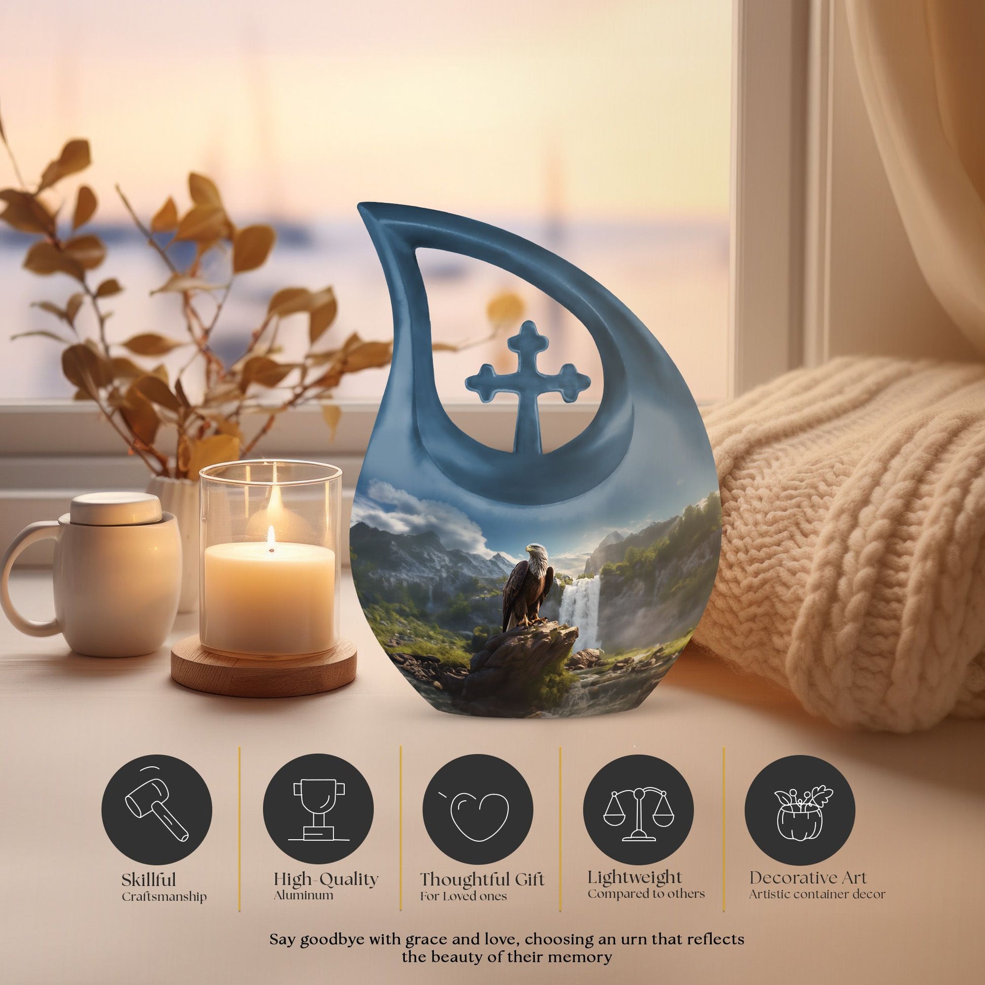 10-inch Eagle Themed Cross Drop Companion Cremation Urn, 