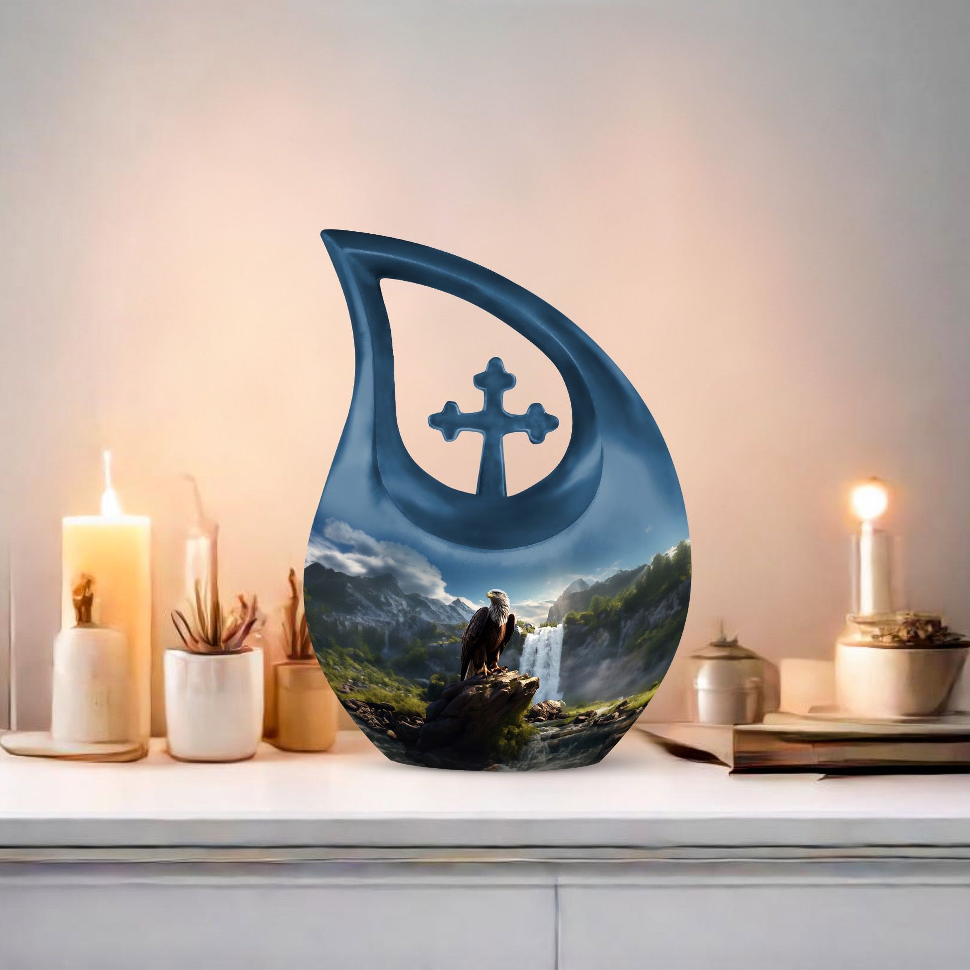 10-inch Eagle Themed Cross Drop Companion Cremation Urn, 