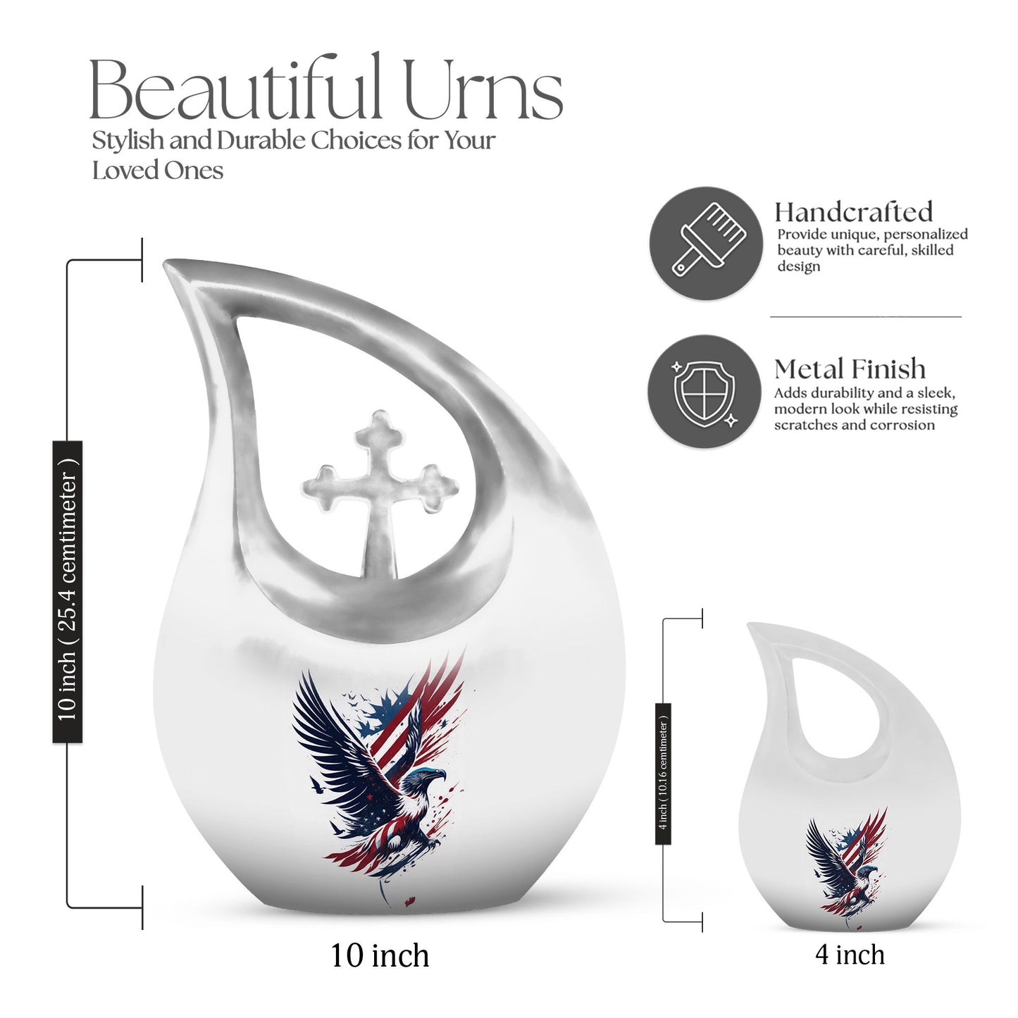 10-inch Eagle Urn with Cross Drop design, Personalized