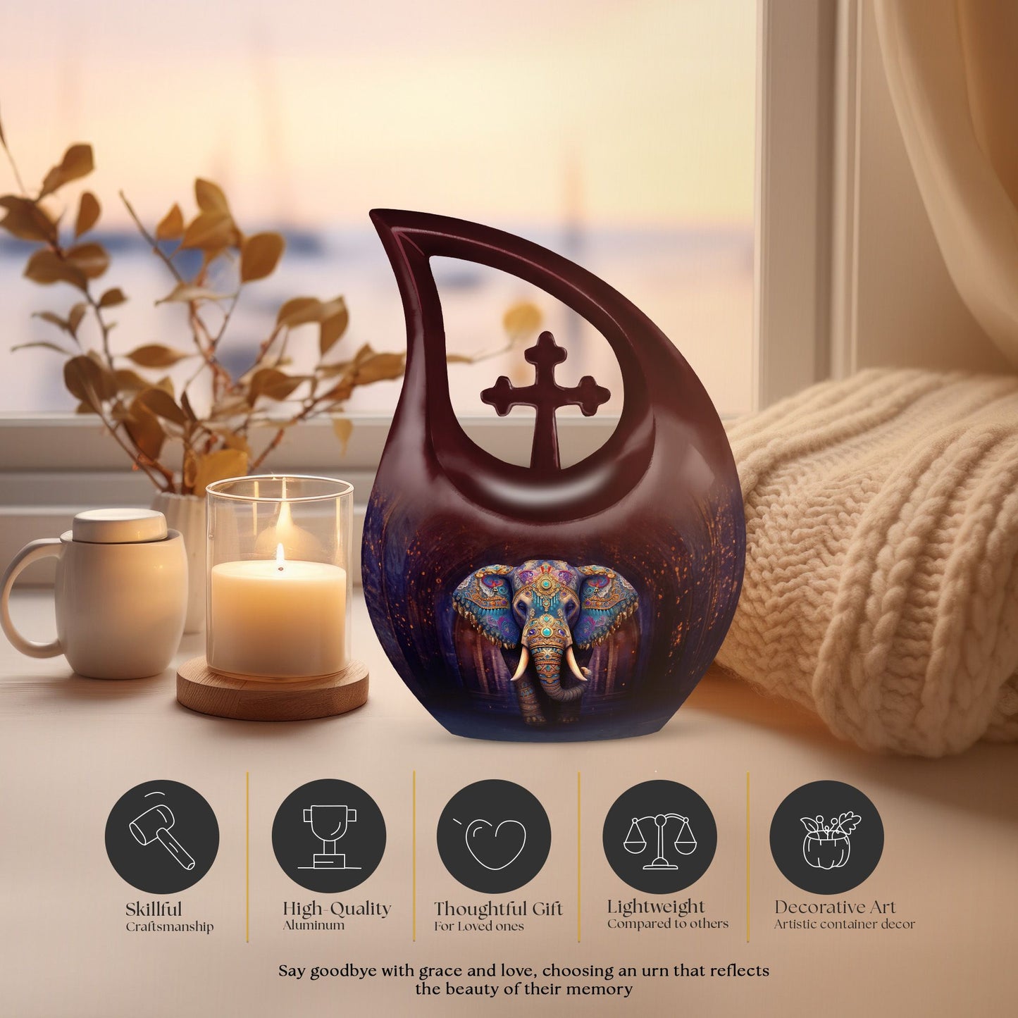 10-inch Elephant urn with Cross Drop 
