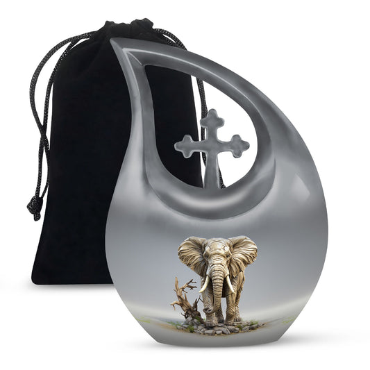 10-inch Elephant urn with Cross Drop design for ashes, 