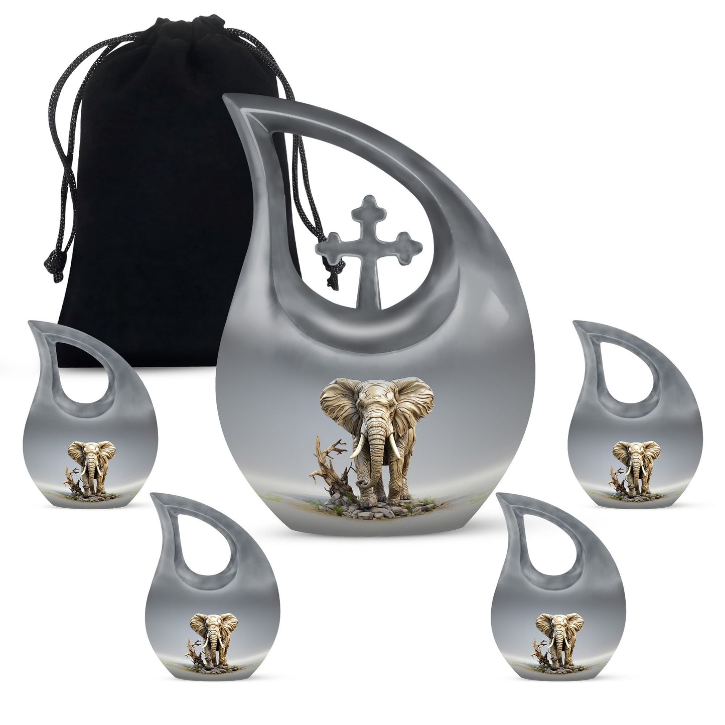 10-inch Elephant urn with Cross Drop design for ashes, 