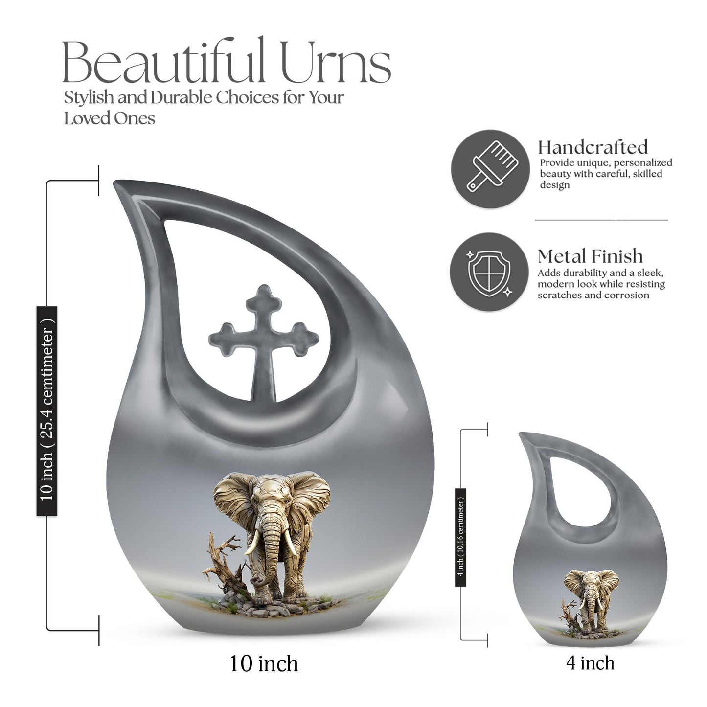 10-inch Elephant urn with Cross Drop design for ashes, 