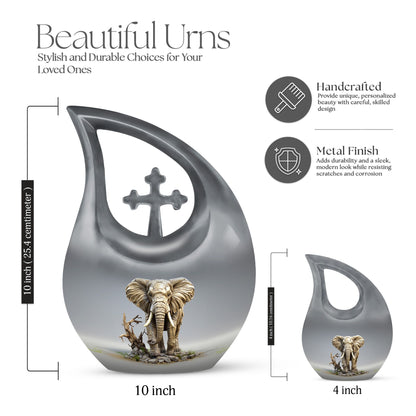 10-inch Elephant urn with Cross Drop design for ashes, 