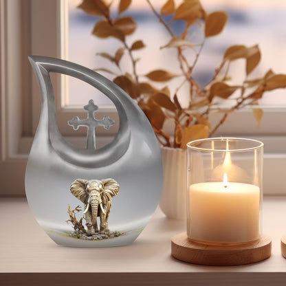 10-inch Elephant urn with Cross Drop design for ashes, 