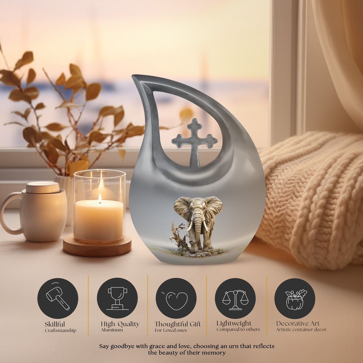 10-inch Elephant urn with Cross Drop design for ashes, 