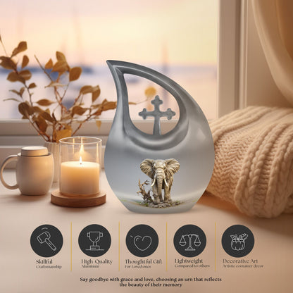 10-inch Elephant urn with Cross Drop design for ashes, 