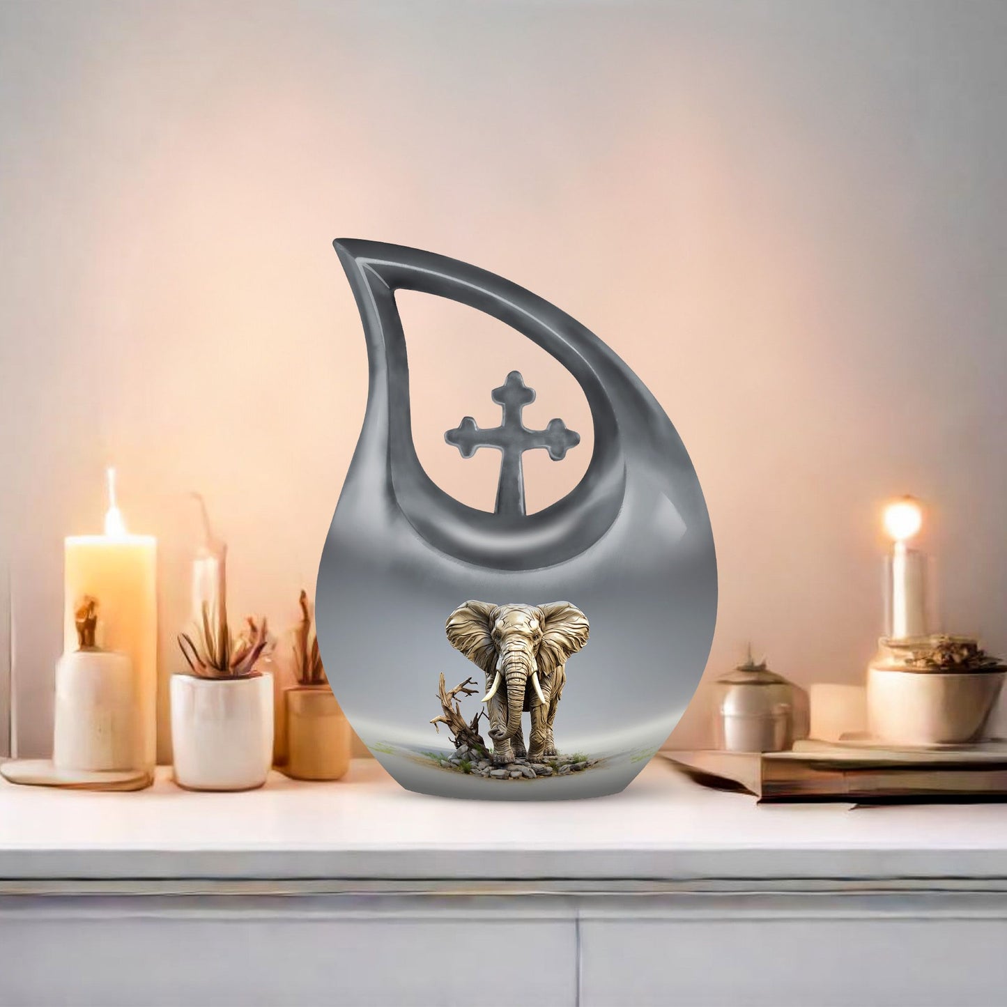 10-inch Elephant urn with Cross Drop design for ashes, 