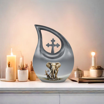 10-inch Elephant urn with Cross Drop design for ashes, 