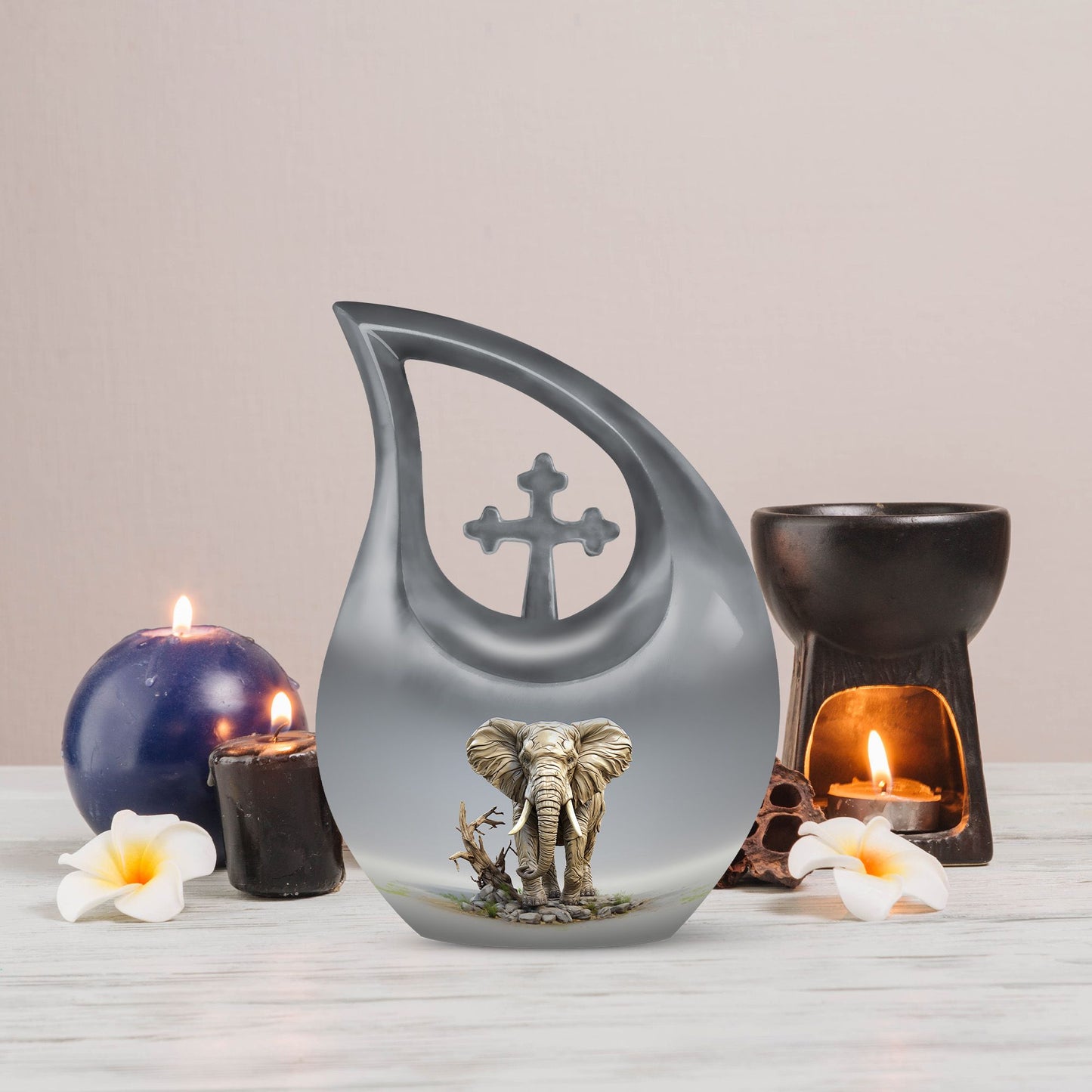 10-inch Elephant urn with Cross Drop design for ashes, 