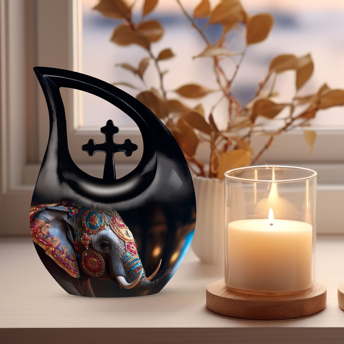 10-inch Elephant Urn with Cross Drop Design,