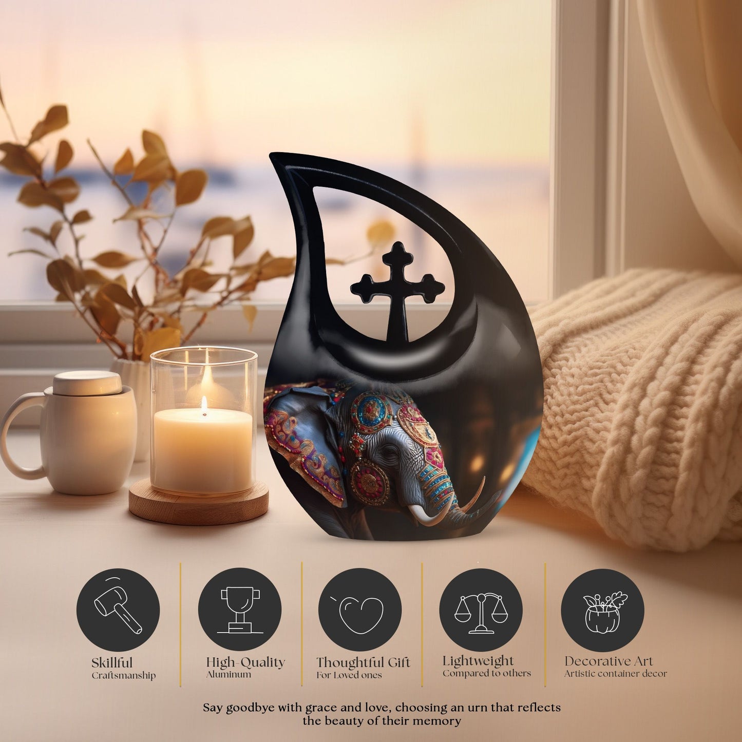10-inch Elephant Urn with Cross Drop Design,