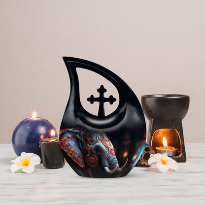 10-inch Elephant Urn with Cross Drop Design,