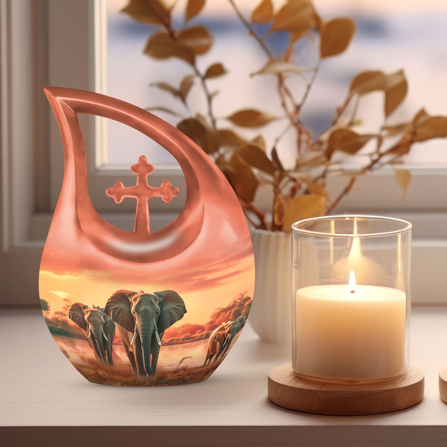 10 inch Elephant Urn with Cross Drop Design 