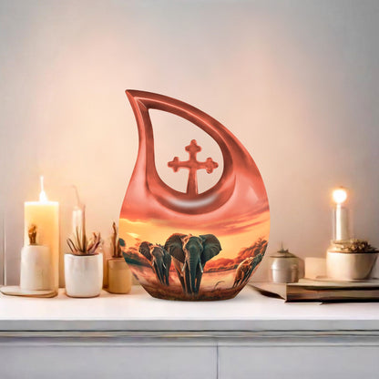 10 inch Elephant Urn with Cross Drop Design 