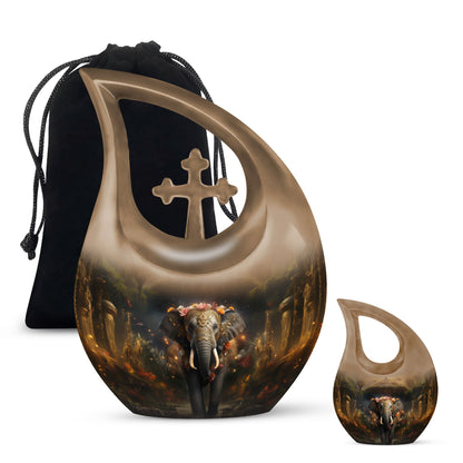 10-inch elephant urn with cross drop design, 