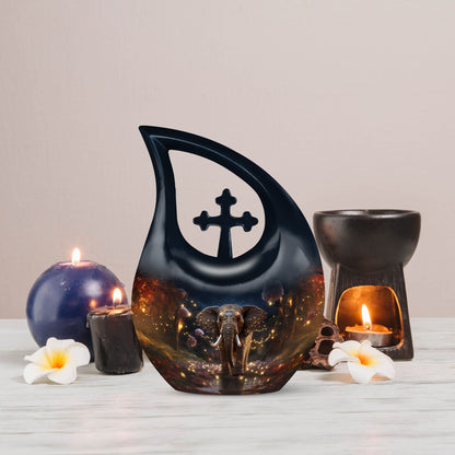 10 inch Elephant Urn with Cross Drop design for ashes, customizable for memorial