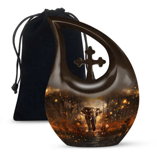 10-inch Elephant Urn with Cross Drop design for human ashes