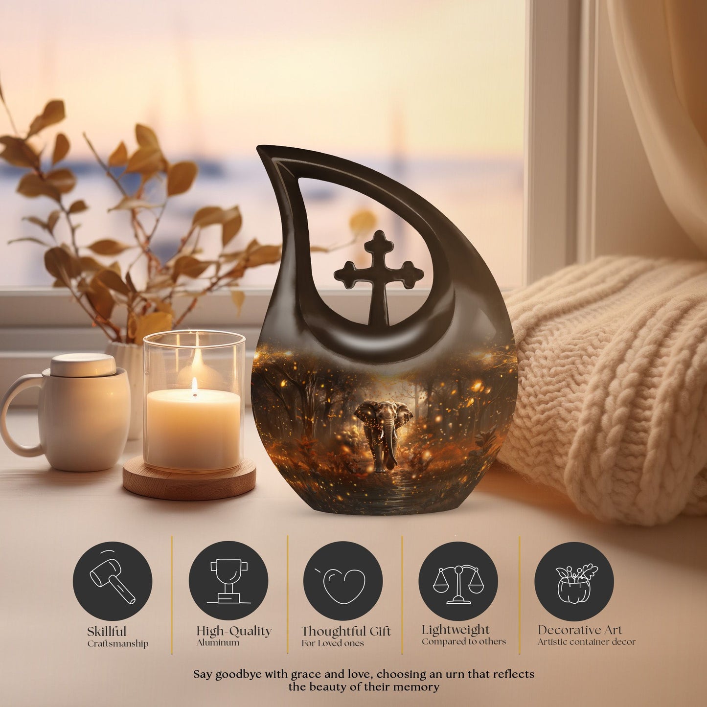 10-inch Elephant Urn with Cross Drop design for human ashes