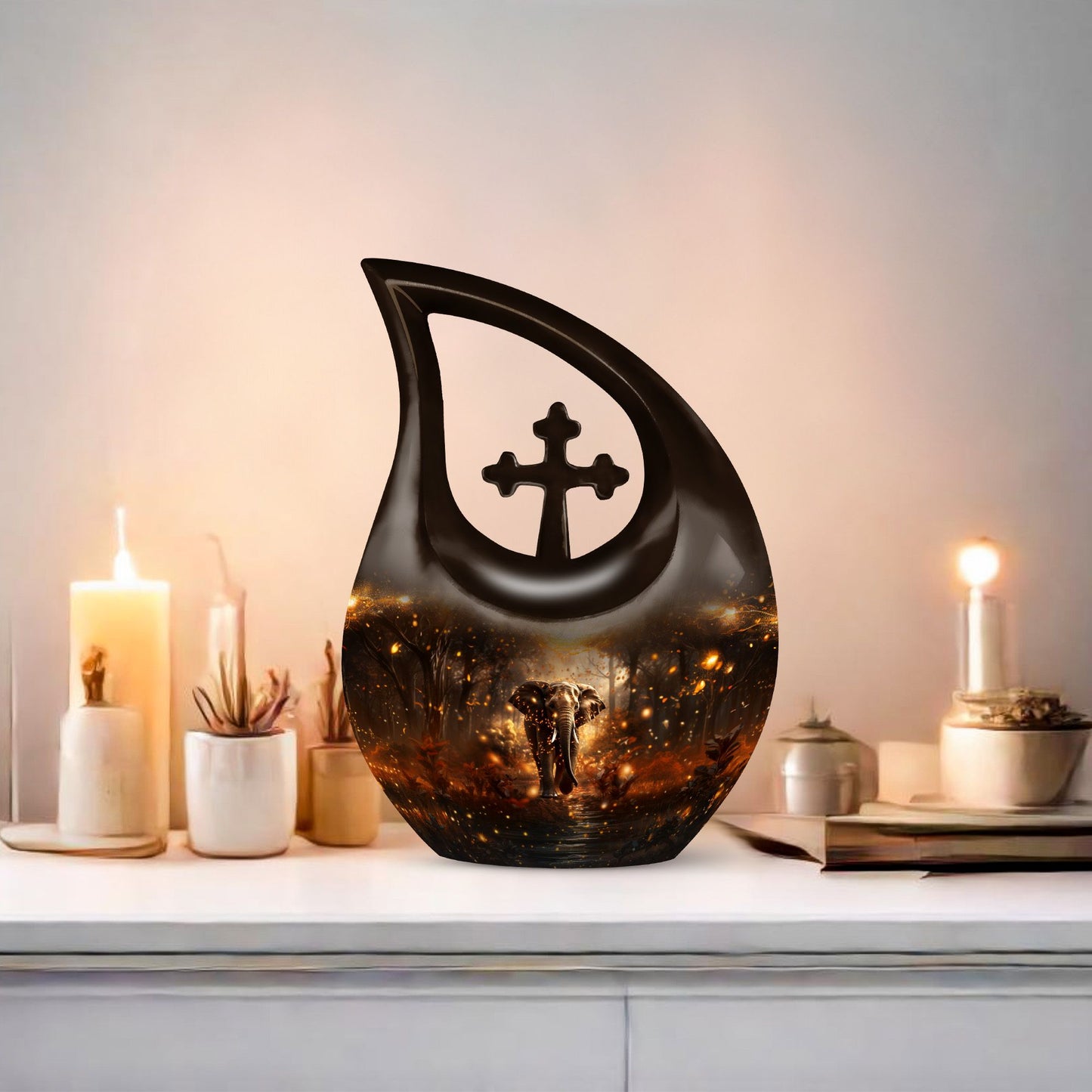 10-inch Elephant Urn with Cross Drop design for human ashes