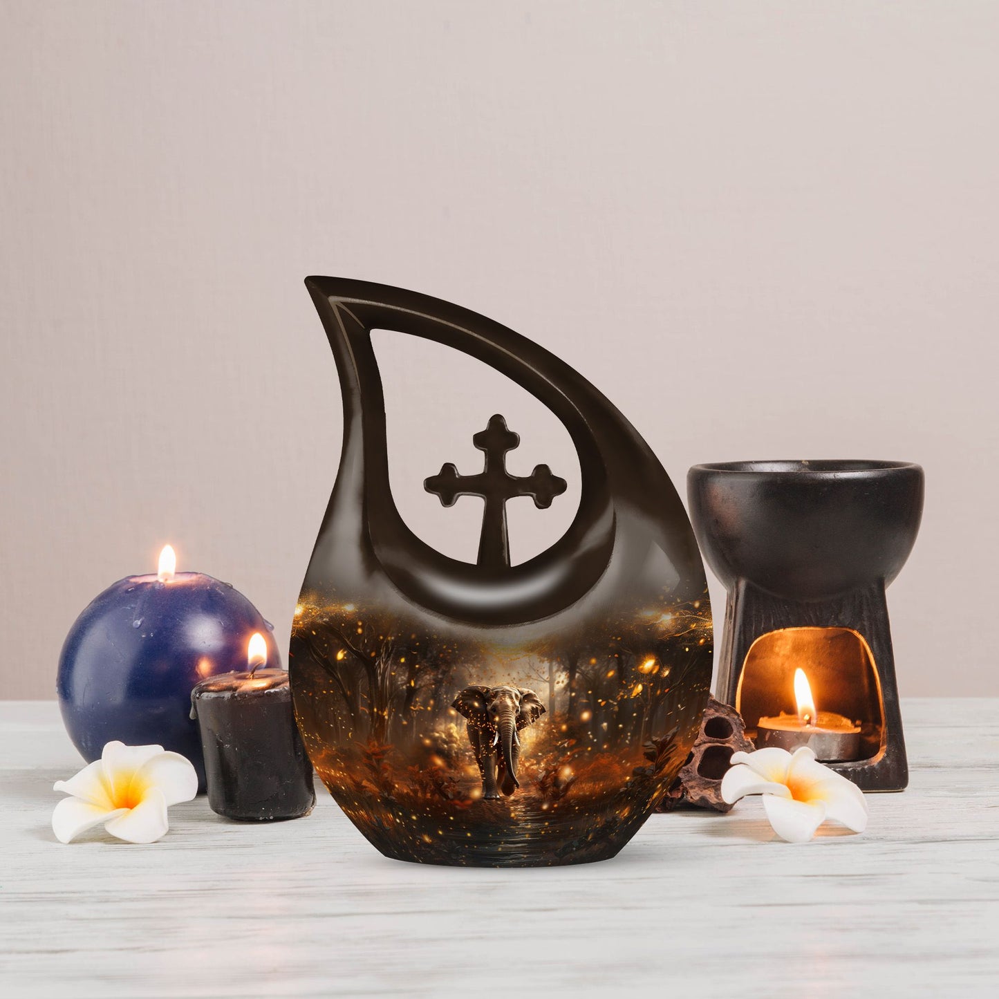 10-inch Elephant Urn with Cross Drop design for human ashes
