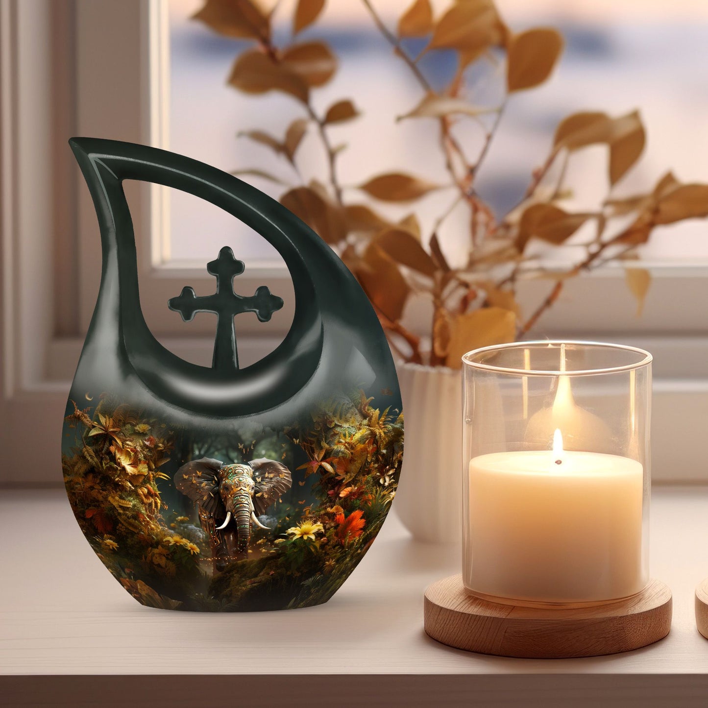 10 Inch Aluminium Cross Drop Elephant Cremation Urn 