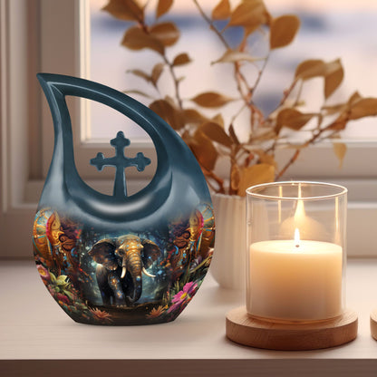 10-inch Elephant-themed Aluminium Cross Drop Memorial Urn 