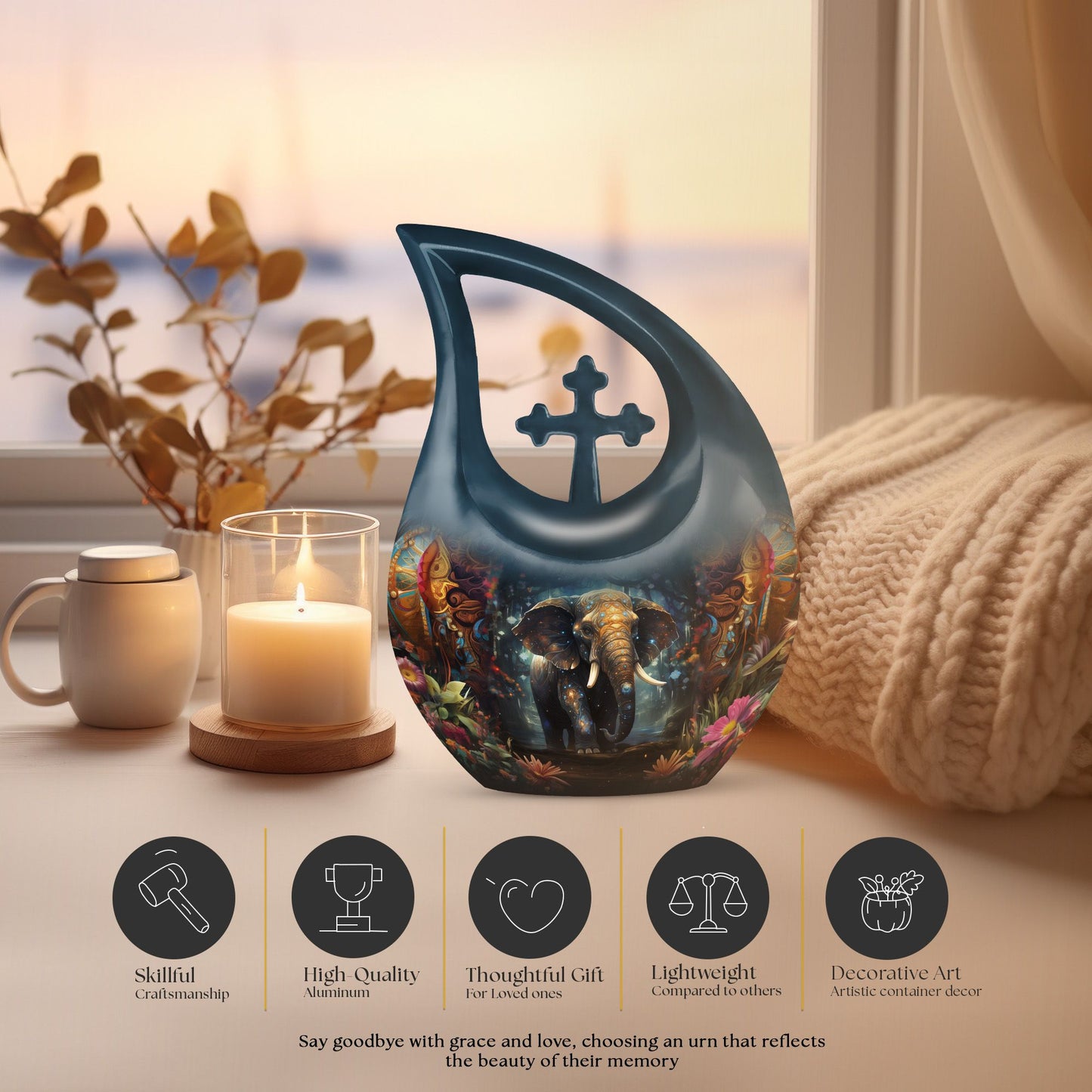 10-inch Elephant-themed Aluminium Cross Drop Memorial Urn 