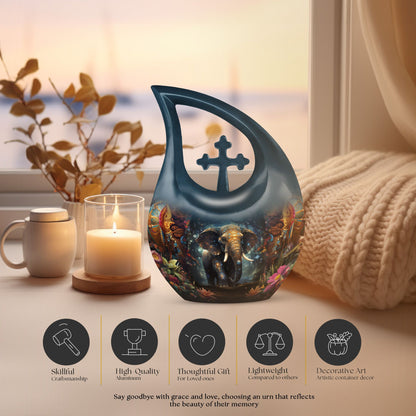 10-inch Elephant-themed Aluminium Cross Drop Memorial Urn 