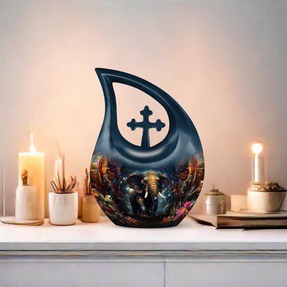10-inch Elephant-themed Aluminium Cross Drop Memorial Urn 