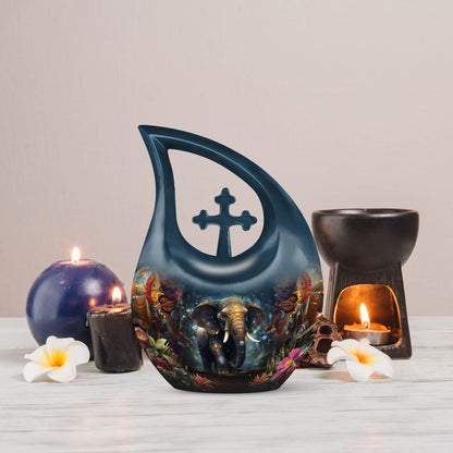 10-inch Elephant-themed Aluminium Cross Drop Memorial Urn 