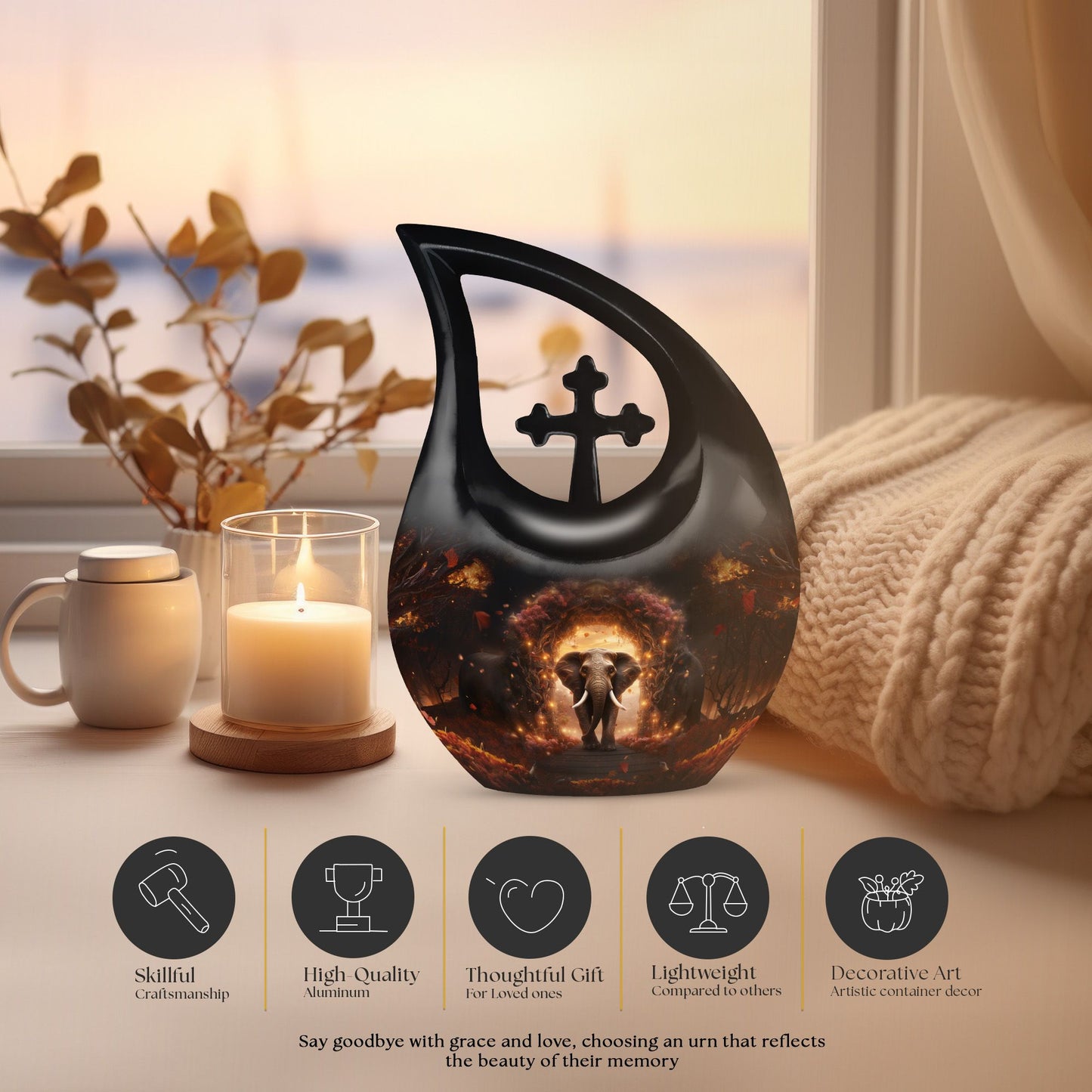 10 Inch Cross Drop Elephant Cremation Urn made 