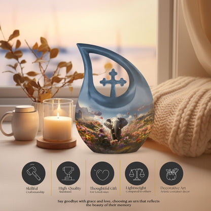 10-inch Elephant Urn for Human Ashes with Cross Drop design