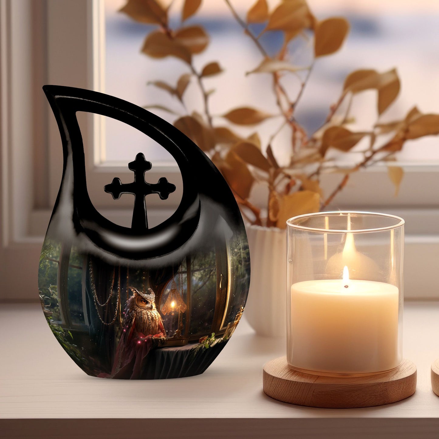 10-inch Owl Urn Cross Drop design, Affordable Funeral Urn 