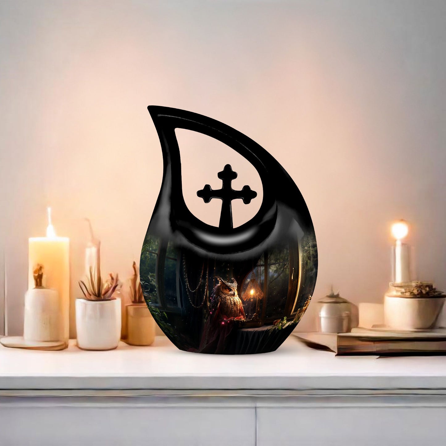 10-inch Owl Urn Cross Drop design, Affordable Funeral Urn 