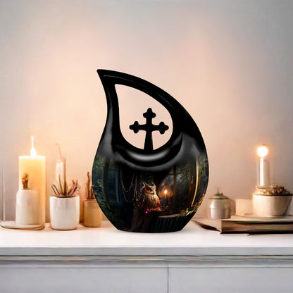 10-inch Owl Urn Cross Drop design, Affordable Funeral Urn 