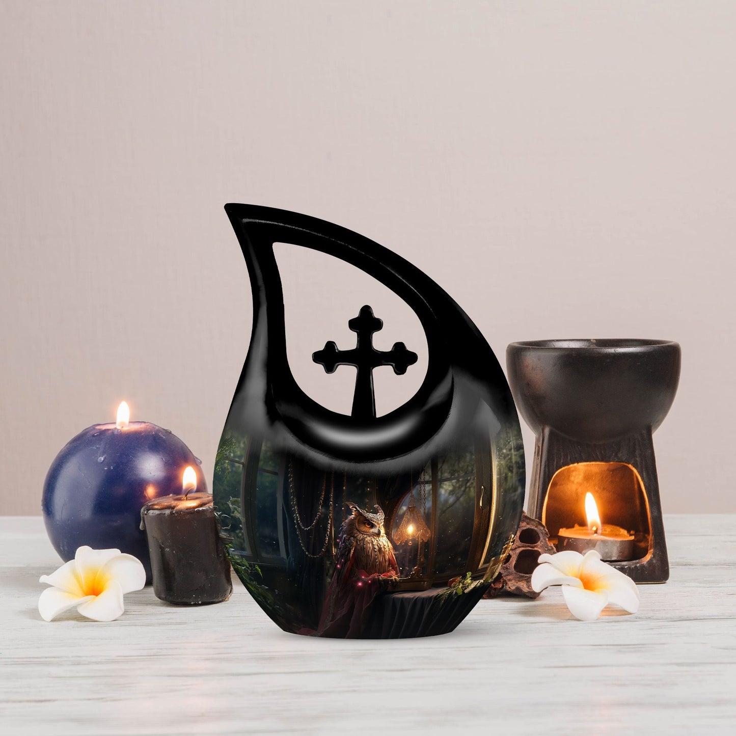 10-inch Owl Urn Cross Drop design, Affordable Funeral Urn 