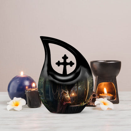 10-inch Owl Urn Cross Drop design, Affordable Funeral Urn 