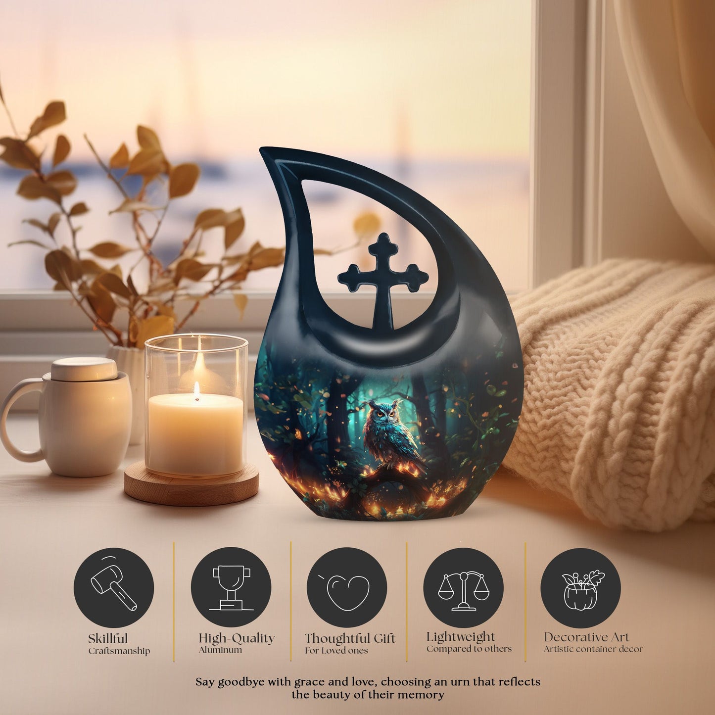  Owl urn with Cross Drop design, suitable for human ashes