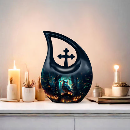 Owl urn with Cross Drop design, suitable for human ashes