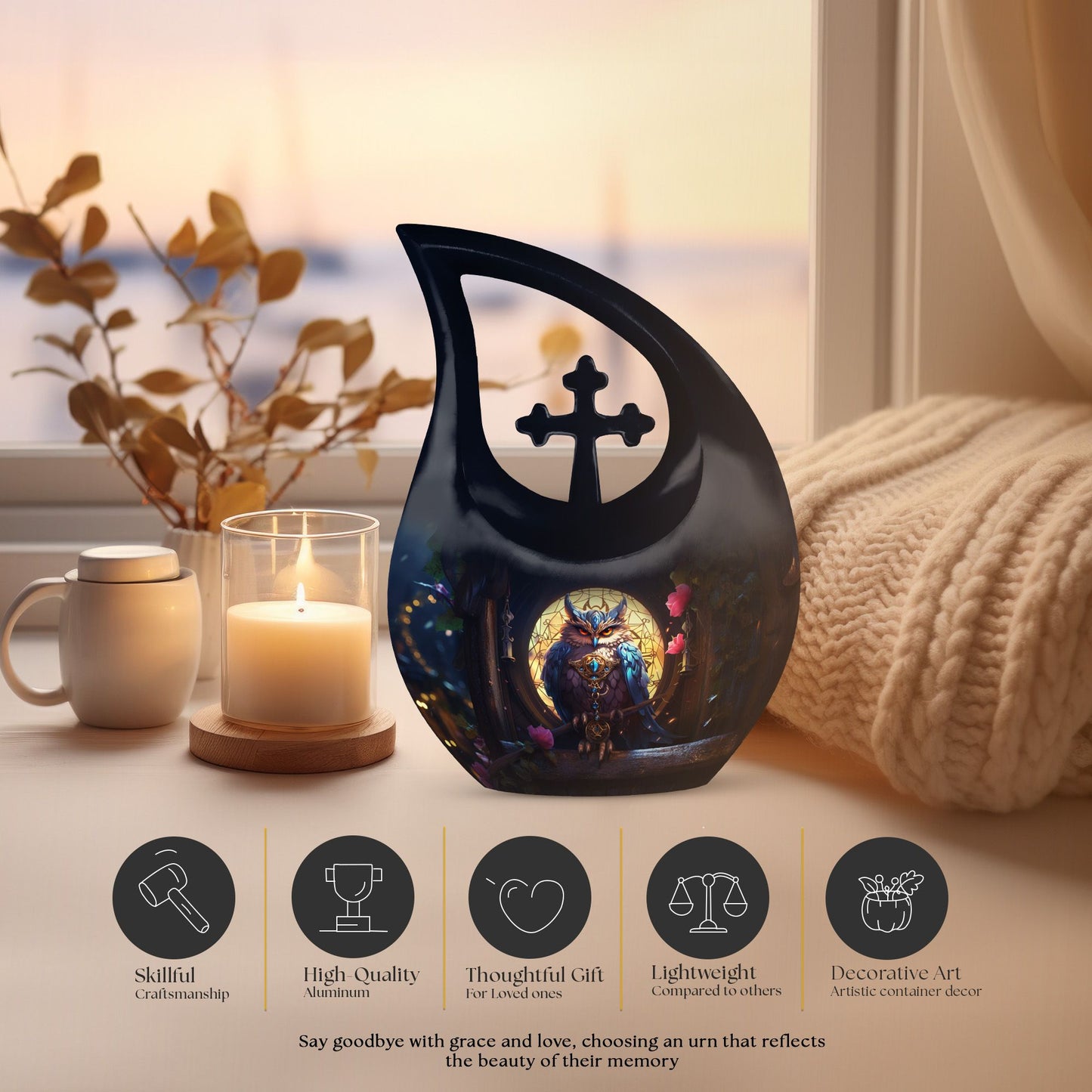 10 inch Owl Urn with Cross Drop Design, 