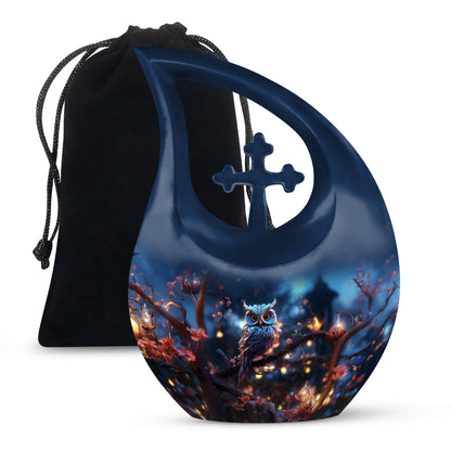 10-inch owl urn with cross drop design, customizable 