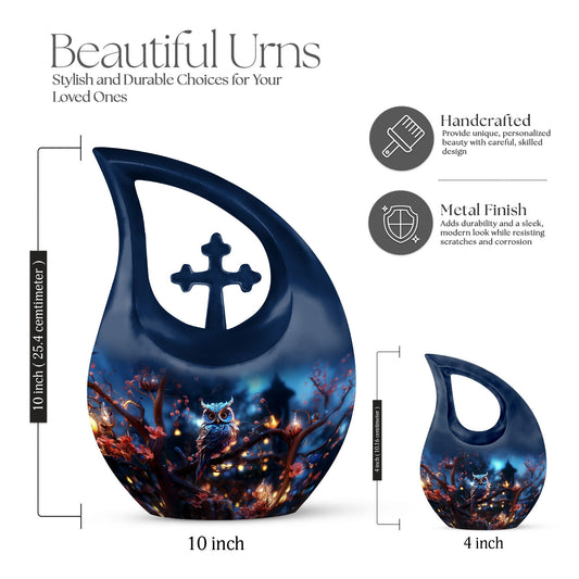 10-inch owl urn with cross drop design, customizable 