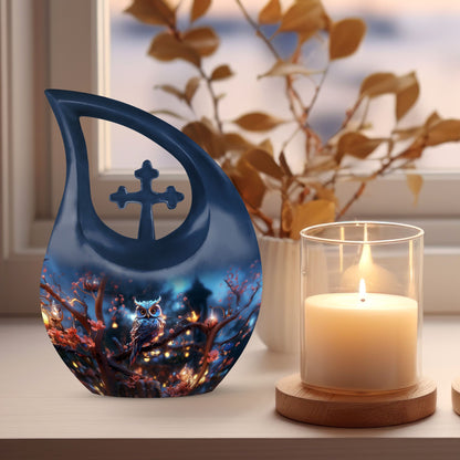 10-inch owl urn with cross drop design, customizable 