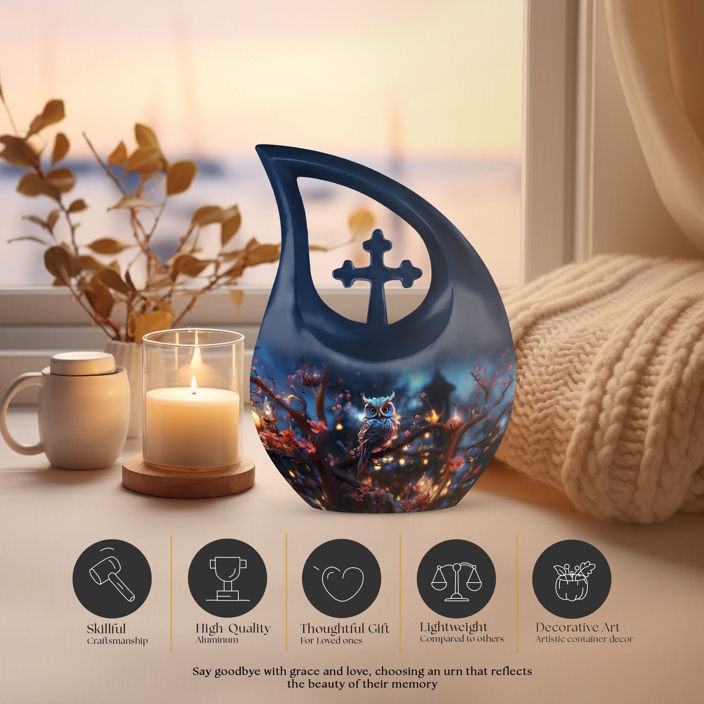 10-inch owl urn with cross drop design, customizable 