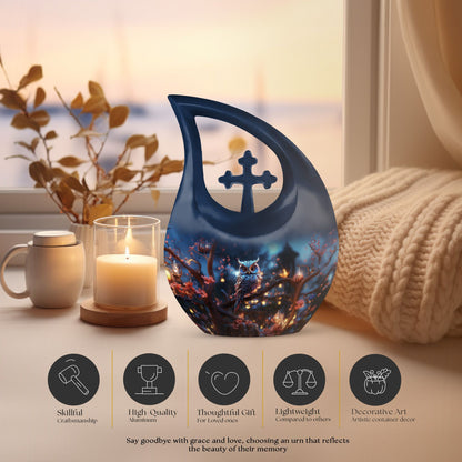 10-inch owl urn with cross drop design, customizable 