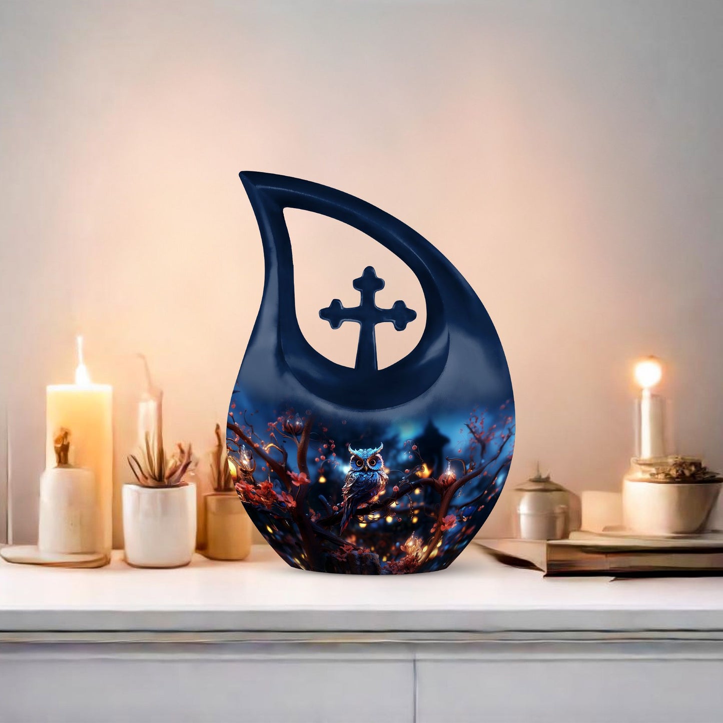 10-inch owl urn with cross drop design, customizable 