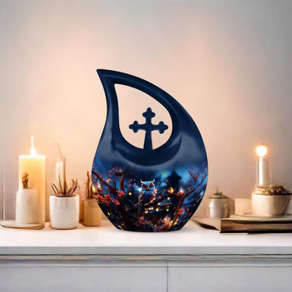 10-inch owl urn with cross drop design, customizable 